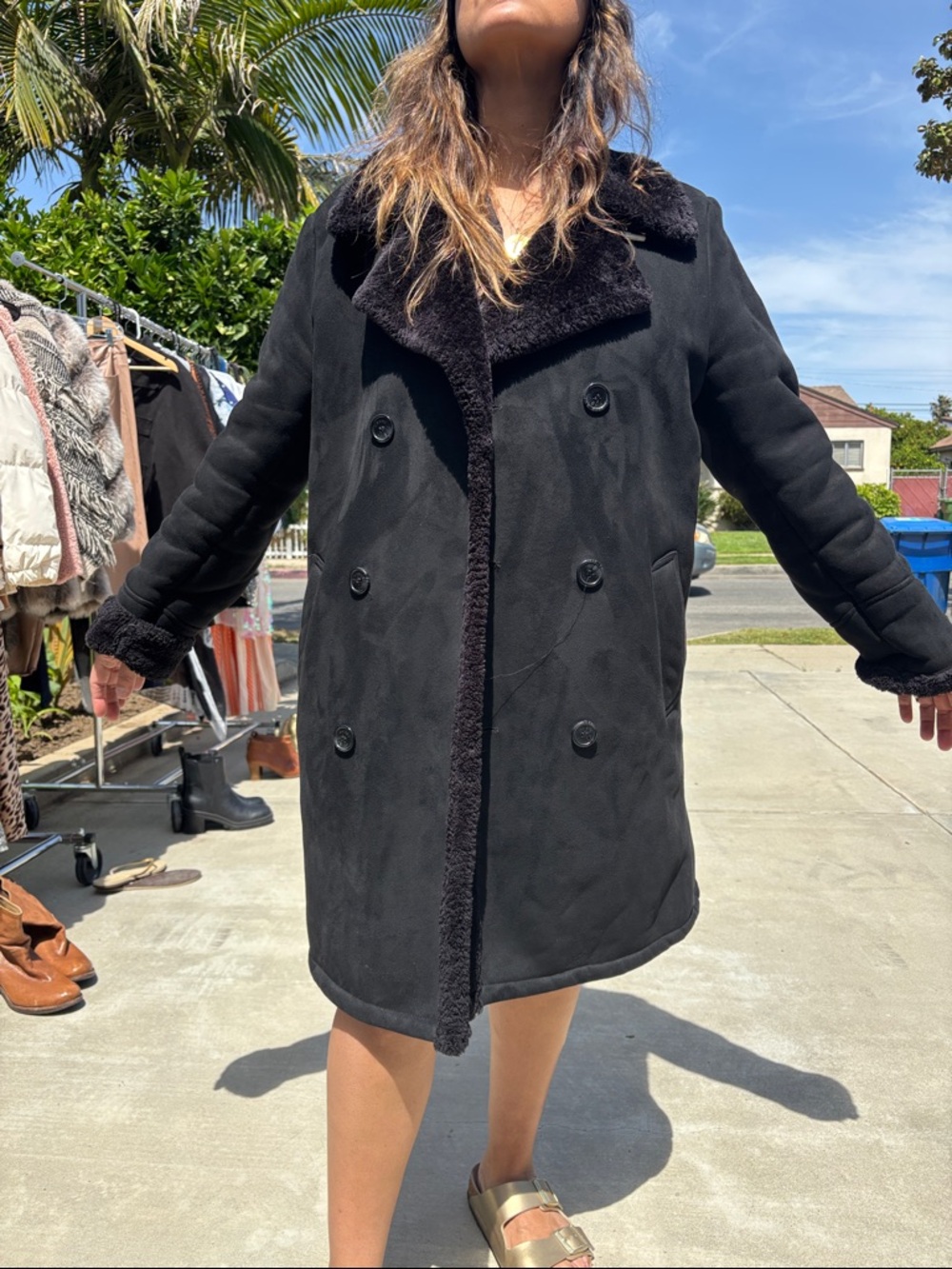 Guess Black Faux Shearling Coat with Silver Logo Plaque